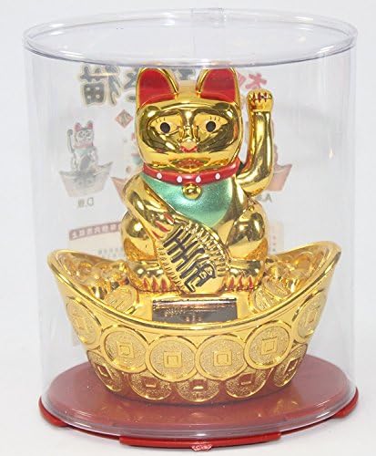 М.В. Тргување со јапонски Манеки Неко Fortune Cat Среќа соларна моќност среќна мавтачка рака мачка што седи на златен бар, злато,