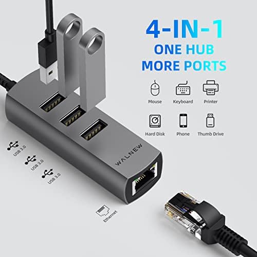 USB C до Ethernet адаптер, WALNEW 4-IN-1 USB-C до USB 3.0 центар со адаптер Gigabit Ethernet, Thunderbolt 3 до Gigabit Ethernet LAN мрежен