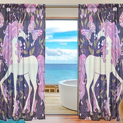 Vantaso чиста завеса 84 инчи долга пурпурна еднорог и пеперутки за деца девојки за спална соба дневна соба прозорец декоративни 2 панели