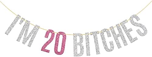 Сјајот Јас сум 20 Кучки Банер Среќен 20 Ти Роденден Банер 20 Годишнината девојка 20 Роденден Декорации Сребрена &засилувач; Розова