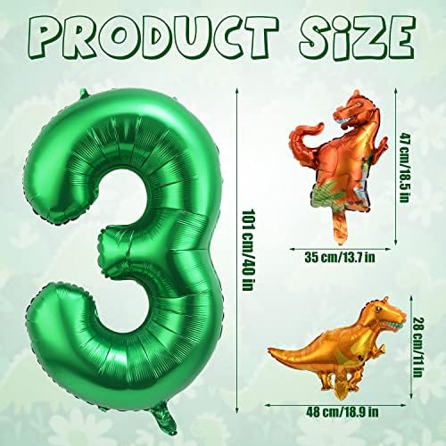 40 Инчен Темно Зелен Број 3 Балон За Диносаурус, Алуминиумска Фолија Голем Број Балон Зелен Балон Симпатичен Балон За Диносаурус За Декорација