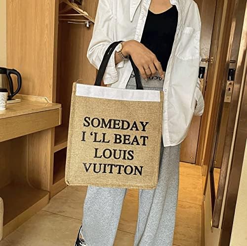 Дороти дизајн памук и ленени торбички на плажа со смешно печатење „„ Еден ден ќе го победам Луис Вутон “, торбичка за топови,