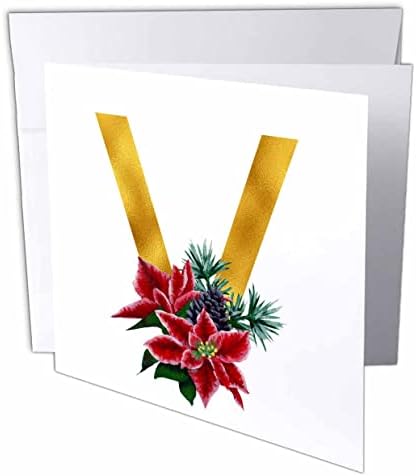 3DROSE Божиќна цветна слика на златен монограм почетен V - честитки
