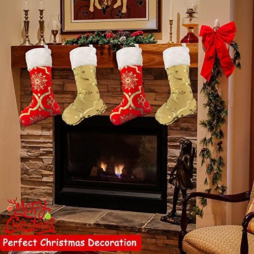 Вујом злато и црвени Божиќни чорапи 4 пакувања, големи персонализирани Божиќни чорапи за семејни Божиќни украси Божиќни ликови за одмор