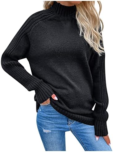 Rmxei жени обична цврста боја пуловер со висок врат џемпер со долг ракав