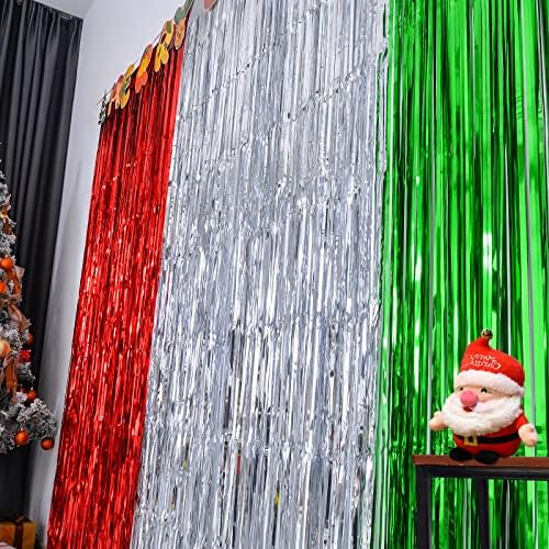 LOLSTAR 3 Пакет Божиќна фолија Фринг завеси Божиќна забава Декорација 3.3x6,6 стапки Секоја црвена сребрена зелена лигавка Фринџ Партиска