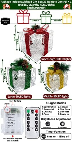 [Супер голем 12 -10 -8 ] 3 Пакет Божиќ 60 LED осветлени кутии за подароци украси јасен акрилен тајмер 8 режими далечински управувач сегашна кутија батерија управувана Божи?