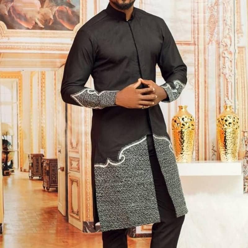 Африкански кошула етнички стил мажи за слободно време сет 2 сет извезени врвни и цврсти панталони во боја машка облека од облека