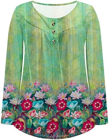 Есен цвет печатени врвови за туники за жени плетени јака од јака од јака од врвот есен случајно долги ракави, проточни кошули на Хенли