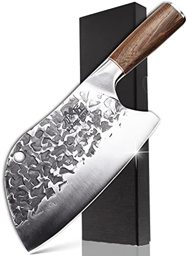 Нож со нож за готвач на Bladesmith, месар нож фалсификуван во оган ， 8 '' Клејвер нож висок нож за сечење на коски со јаглерод челик