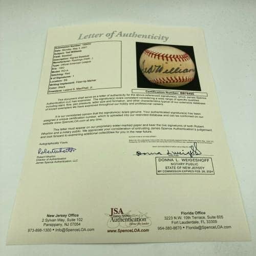 Гроздобер Тед Вилијамс потпиша американска лига Мекфаил Бејзбол со JSA COA - Автограмирани бејзбол