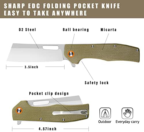 Tunafire преклопен џеб нож за мажи, комунален тактички нож со D2 Cleaver Blade, Micarta Hardy, EDC нож со џебен клип за лов на лов на опстанок