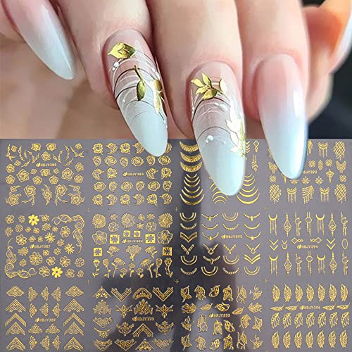 12 дизајни налепници за налепници за уметност со цвеќиња - 3Д златни метални налепници за нокти само -лепете ги ноктите за нокти, златни