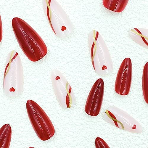 Денот на в Valentубените Прес на ноктите 24 парчиња Среден бадем лажен лепак за нокти на нокти за жени девојки тинејџери со налепница за