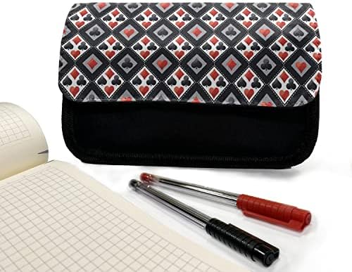 Необичен случај со молив во казино, форма на дијамантски мозаик, торба со молив со ткаенини со двоен патент, 8,5 x 5,5, црна црвена сива