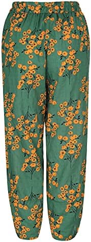 Panенски капри панталони, памук постелнина Еласитц половината со широки нозе лабава јога каприс удобни цветни исечени панталони