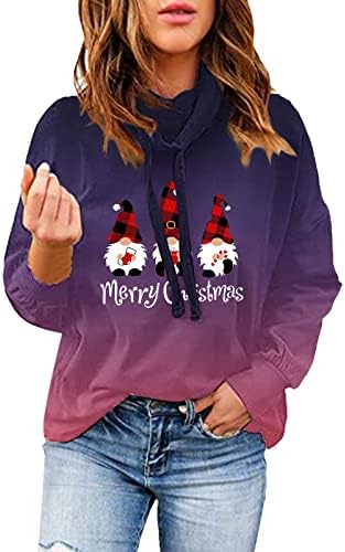 Womenените Божиќна обична џемпер со долги ракави Божиќно џуџе градиент печатење кукавички преголем гроздобер туничен џемпер виолетова