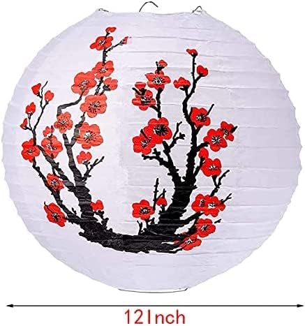 Hovico 6 пакуваат кинески јапонски црвени цреши цвеќиња хартија фенер, 12 инчи бела рунда кинеска јапонска хартиена ламба за декорација