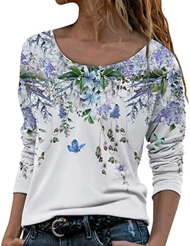CCJGIKPOK женски обични маици со цветно печатење со долги ракави модни екипаж, џемпер на вратот, лабава графичка пулверска врвови