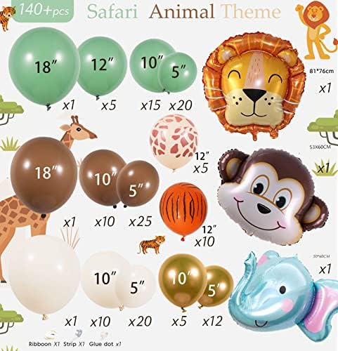 Комплет за венци Од животински балон сафари 145 парчиња Жалфија зелено Злато и балон со животински принт За Сафари Туш За Бебиња