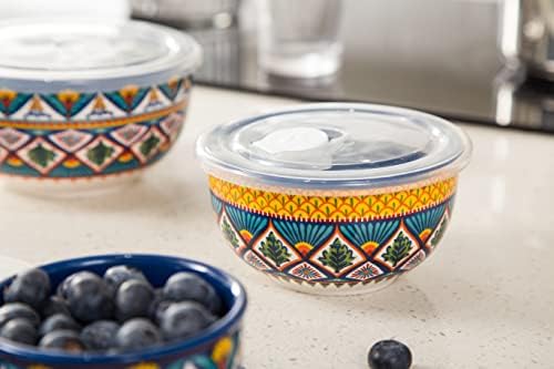 Керамички чинија со бико Хавана со воздушен тесен капак од 3, подготвителни чинии, чинија за складирање храна за салата, закуски, овошје, микробранова
