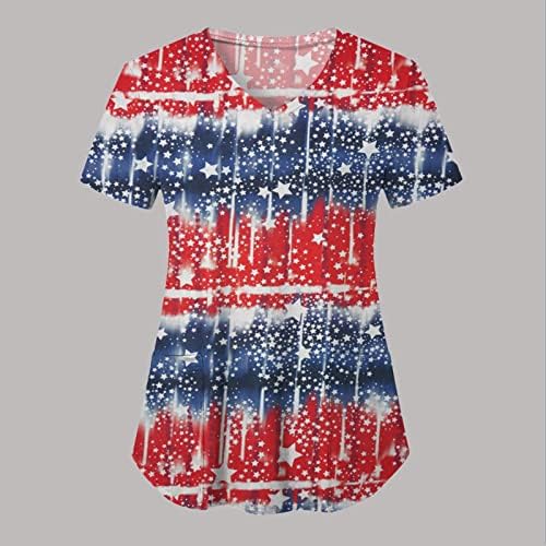 4 јули блуза За Жени Американско Знаме Летни Маици Со Кратки Ракави Против Вратот Со 2 Џебови Блузи Празнична Секојдневна Работна Облека