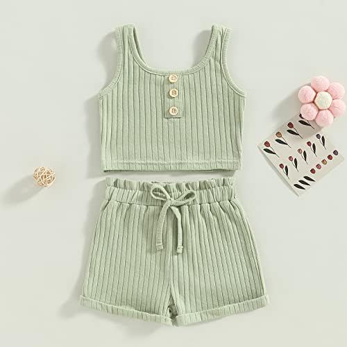 Леди Шампсвин Девојче Девојче летни облеки за бебиња со ребрести облеки Поставете цврста боја на резервоарот за копчиња+шорцеви за