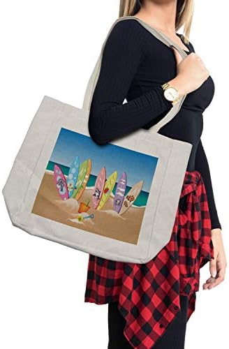 Торба за купување на океанот Ambesonne, илустрација на сурфарки на песочна плажа Скајдон на морето Тема печатење, еколошка торба за еднократна