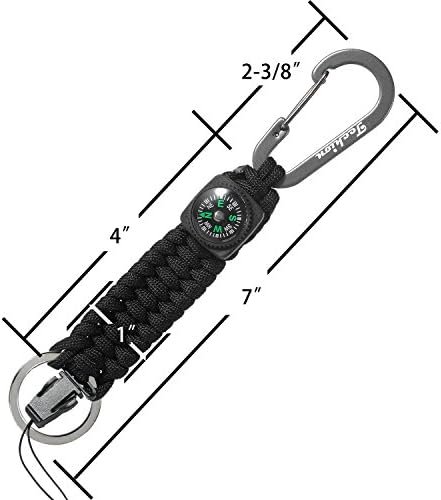 Techion Paracord Keychain со карабинер, клип за брзо ослободување и клучен прстен, компас, за риболов/лов и опстанок на отворено