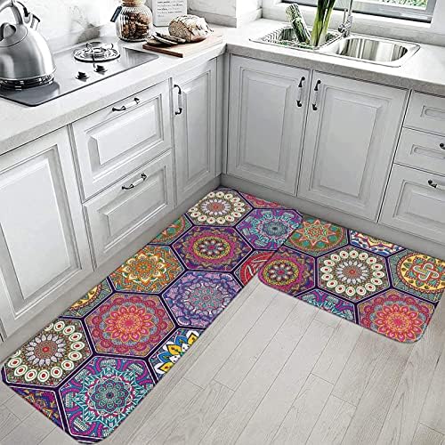 Тејни Бохо кујнски килими и душеци кои не се лизгаат сет од 2, гроздобер мандала етничка цветна кујна душеци за подот, боемска цветна геометриска