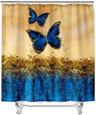 Пеперутка Туш Завеса, Апстрактни Сини И Златни Вени Ткаенина Туш Завеса за Бања, Сина Пеперутка Декор Модерна Луксузна Уметност Водоотпорен