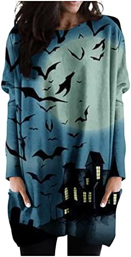 Женски џемпер за џемпери на Ноќта на вештерките, обичен грда графичка туника преголема врвови со долг ракав краток мини фустан со џебови