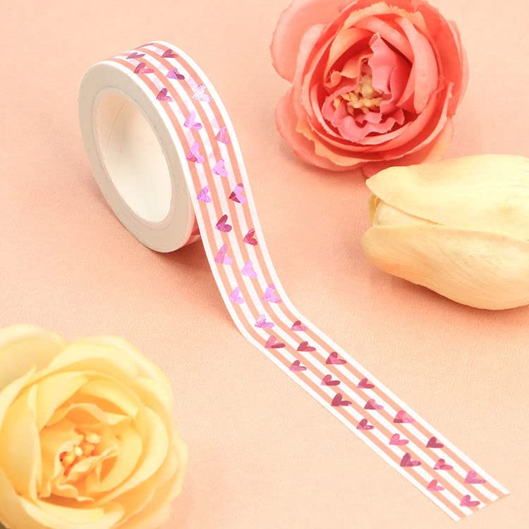Синтего бело и розово со розови фолија срца лента за миење декоративна занаетчиска лента 15мм x 10m
