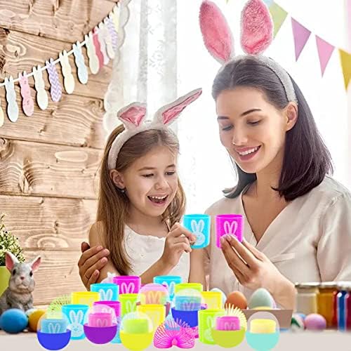 24 пакувања префилирани Велигденски печатени пластични јајца со извори на калем за зајаци, магични пролетни играчки играчки за