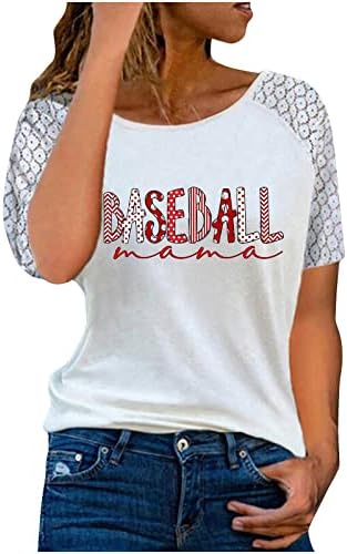 Бејзбол врвови за жени чипка краток ракав Бејзбол графички срцев печатење Туника маички лабави удобни кошули со екипаж блузи