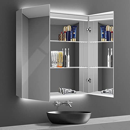 Кабинет за бања Огледало за бања со огледало Razzum со предводена светлина, дефогирање, огледало на огледало на огледало со двојна врата, монтиран