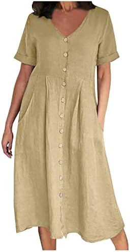Женски памучен постелнина фустан лето обичен кратки ракави маички со копче надолу v фустан за замав со вратот со џебови