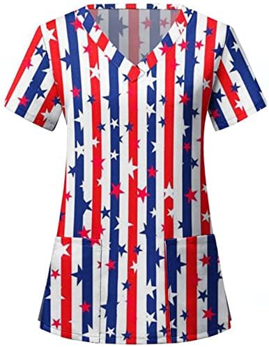 4 јули Маица За Жени Американско Знаме Летни Блузи Со Кратки Ракави Со Врат Со 2 Џебови Смешна Празнична Секојдневна Работна Облека