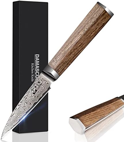 Фуџуни кујнски алатка нож 5 инчи Дамаск мал нож за готвачи 67-слој Дамаск VG10 челик ултра остра професионална нож за пареа со шестоаголна
