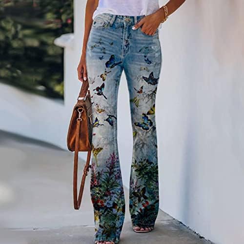 Женски обични лабави цветни панталони со цвеќиња со високи половини микро-разгорени фармерки права панталони со тексас на нозе долго печатење