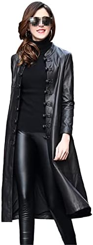 Есенски долг црн мек кожен палто, жени со долг ракав Елегантна мода на кинески стил
