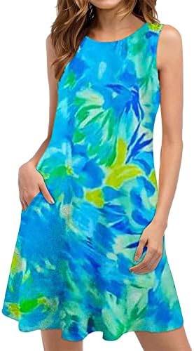 Sundress за жени лето гроздобер печатен резервоар за плажа Облека О-вратот без ракави, лесен лабав џеб мини фустани