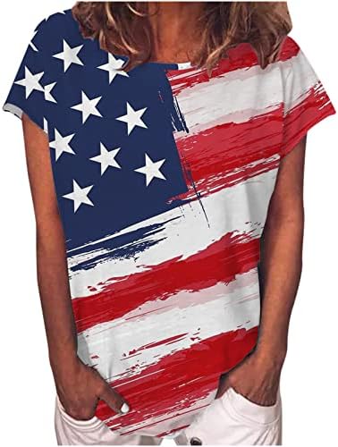 4 -ти јули врвови за жени Графички екипаж маици со вратот на вратот во САД со кратки ракави за кратки ракави, блуза за ден на независност