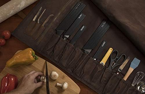 Восочен ролна со ножеви со платно Асаја - 15 слотови за ножеви, држач за картички и голем џеб со патент - оригинална кожа, крпа и месинг