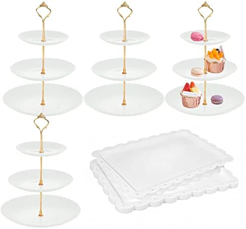 10 парчиња бела пластична торта штанд, 4 парчиња 3 нивоа десерт дисплеј стои решетката за садови за колачиња за сервирање тач за