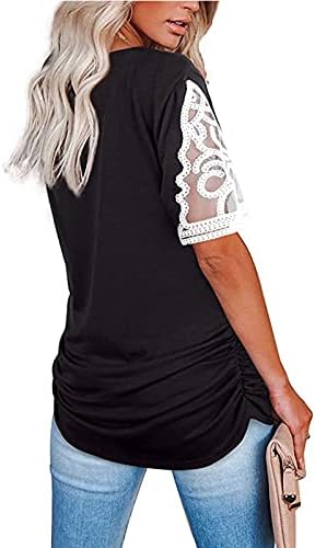 Fmchico v Women's V Neck Scalloped чипка чипка маичка со кратки ракави маица обични летни блузи