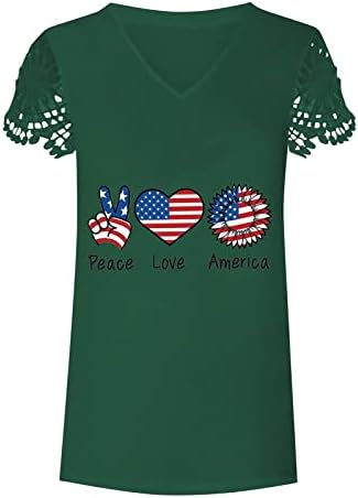 Женска Елегантна Чипка Маица Со Кратки Ракави Лето V Вратот Американски Знаме Печатени Кошули Блуза
