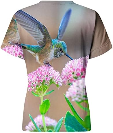 Womenените колибри печати за печатење на врвови со кратки ракави О-вратот Обични фустани блузи за хеланки пулвер летни кошули