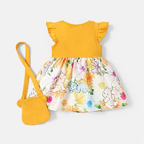 Грижи мечки 2 парчиња бебе девојче цврсто и печатено фустанче со флатер-ракав фустан со сет на торби со вкрстена торба