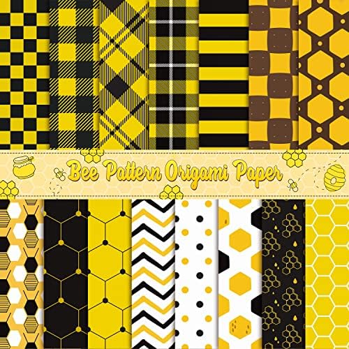 Хаорикс 60 парчиња летни пчели карирана шема хартија жолта црна саќе, специјалитет оригами хартија декоративна 11'x11, еднострана